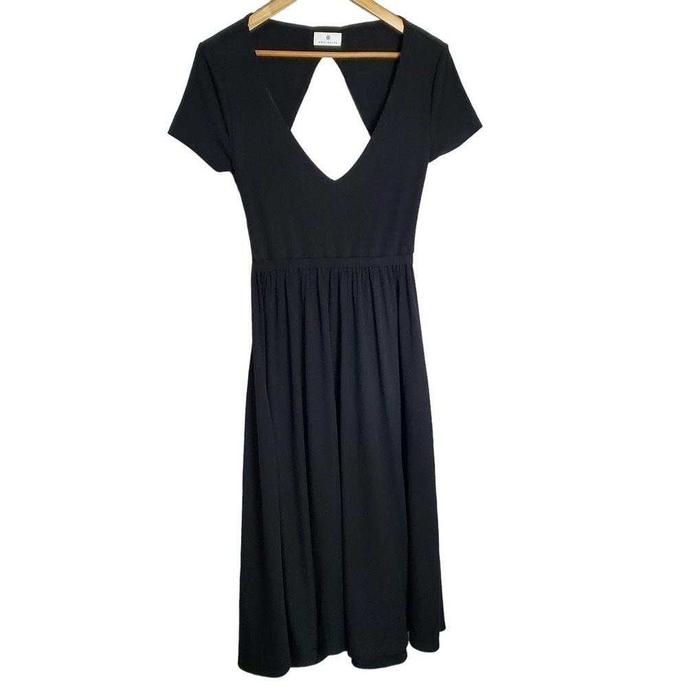 Socialite Dress Womens Small Black Ribbed Long Maxi Deep V Neck Short Sleeve